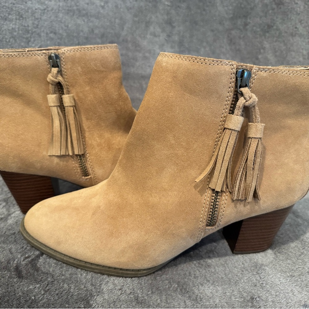Vionic Tan Suede Waterproof Ankle Boots with Tassel Accent